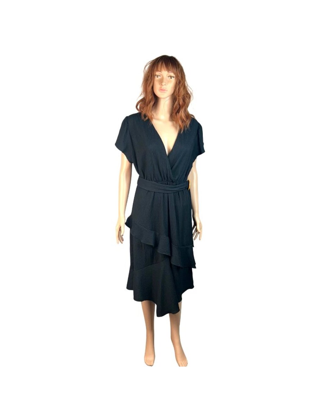 Sofia Jeans Sofia Vergara Black Ruffled Faux Wrap Belted Midi Dress Women's M